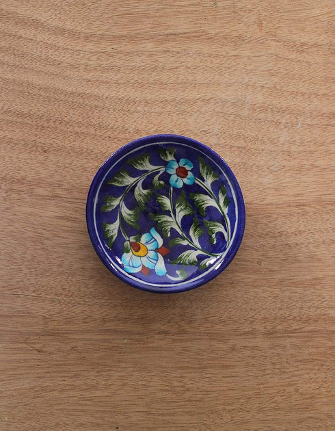 Green Floral Leafy Design on Blue Base Plate 4inch (Set of 4)