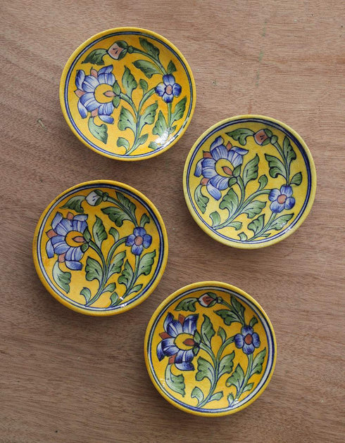 Blue Pottery Green leaf on Yellow Base Plate 4 inch (Set of 4)