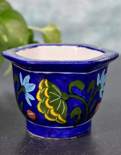 Blue Pottery Handmade Hexagonal Planter 3 Inches