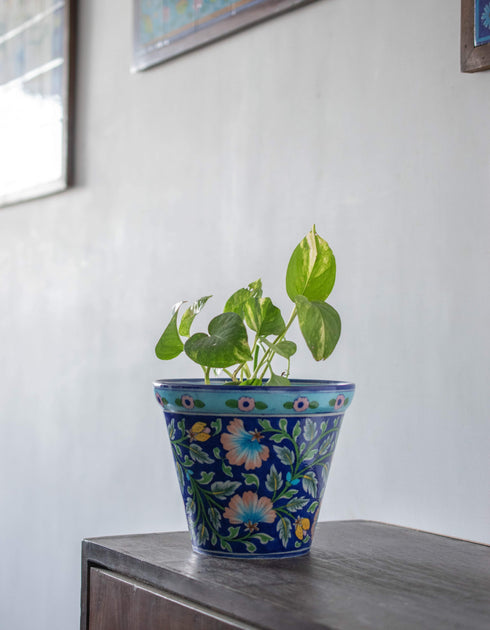 Blue Pottery Blue Base Floral Design Planter