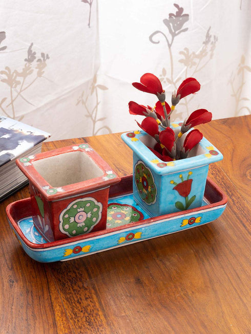 Blue Pottery Tray With Square Planters