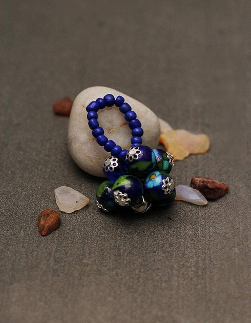 Blue Pottery 6 Beads Stretchable Finger Rings (Set of 3)