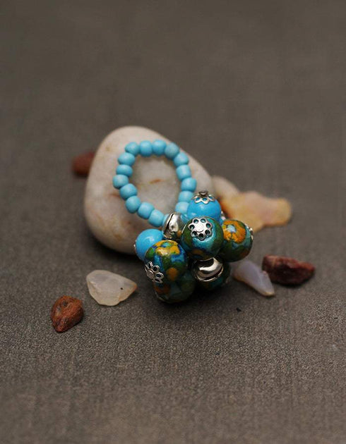 Blue Pottery 6 Beads Stretchable Finger Rings (Set of 3)