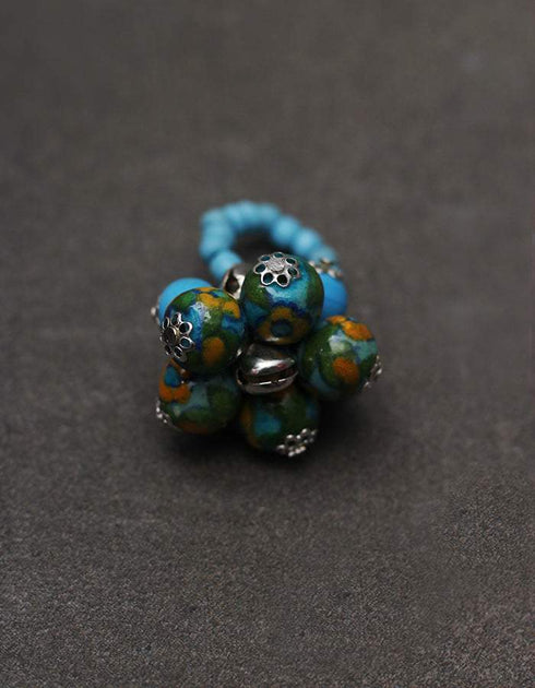 Blue Pottery 6 Beads Stretchable Finger Rings (Set of 3)