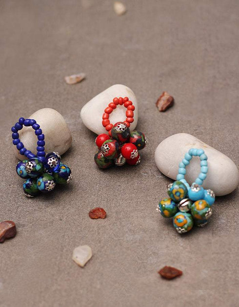 Blue Pottery 6 Beads Stretchable Finger Rings (Set of 3)