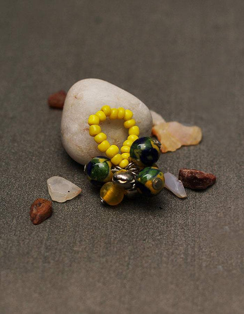 Blue Pottery 3 Beads Stretchable Finger Ring (Yellow)