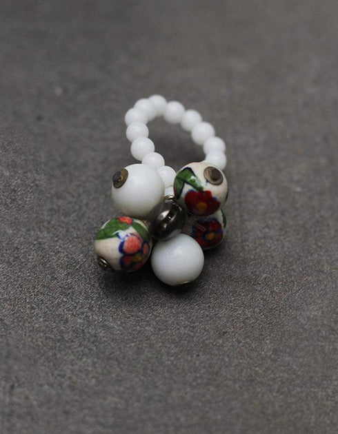 Blue Pottery 3 Beads Stretchable Finger Ring (White)