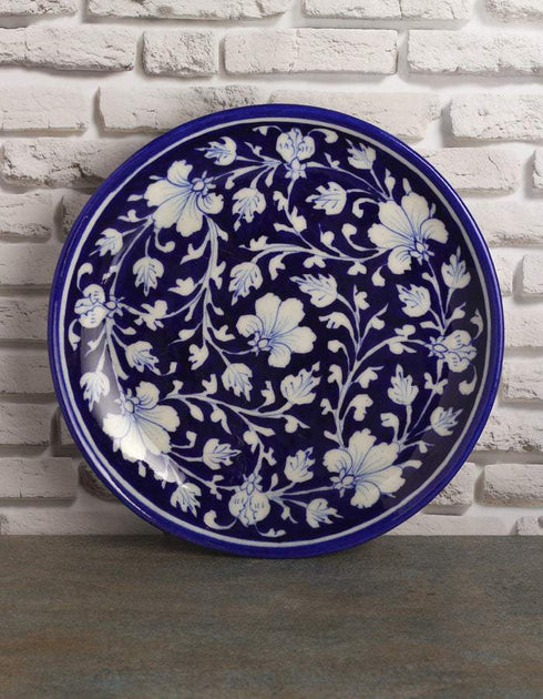 Blue Base With White Flowers Wall Hanging Plate