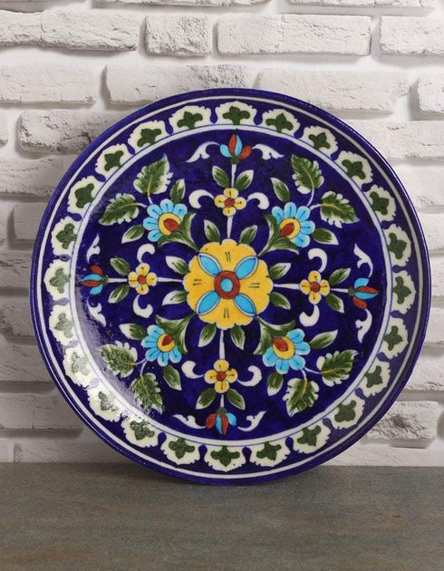 Handpainted Floral Design Blue Pottery Plate