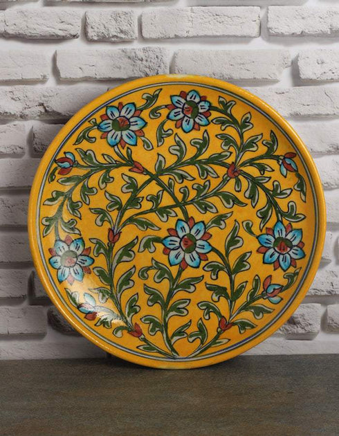 Yellow Base With Turquoise Flowers & Green Leaves 10 Plate
