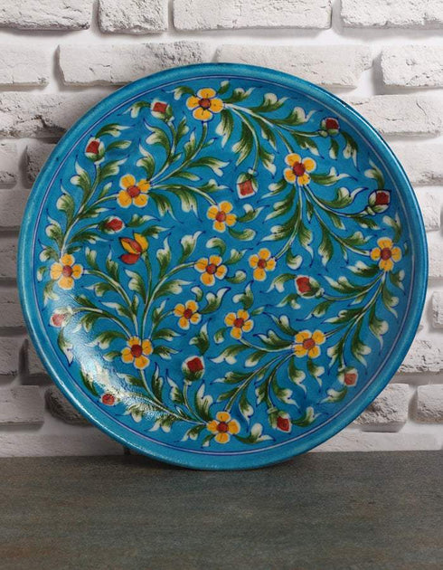 Turquoise Base With Yellow Flowers 10 Blue Pottery Plate