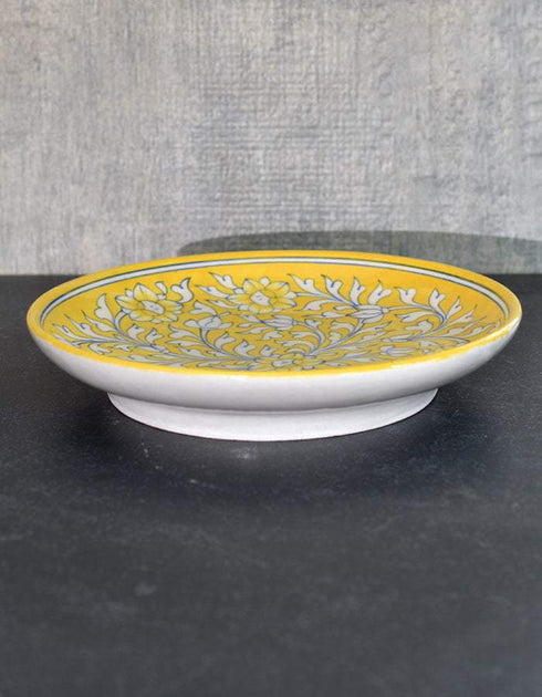 Jaipur Blue Pottery Hand painted Yellow Base With White floral Plate 10