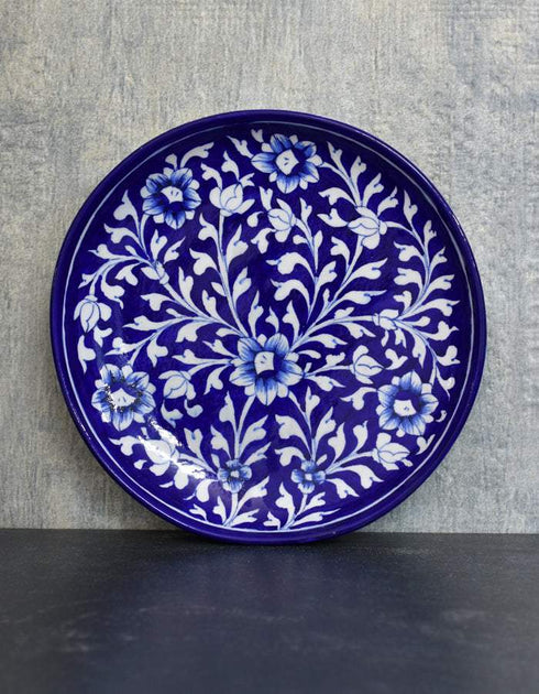 Jaipur Blue Pottery Hand painted Blue Base With White floral Plate 10