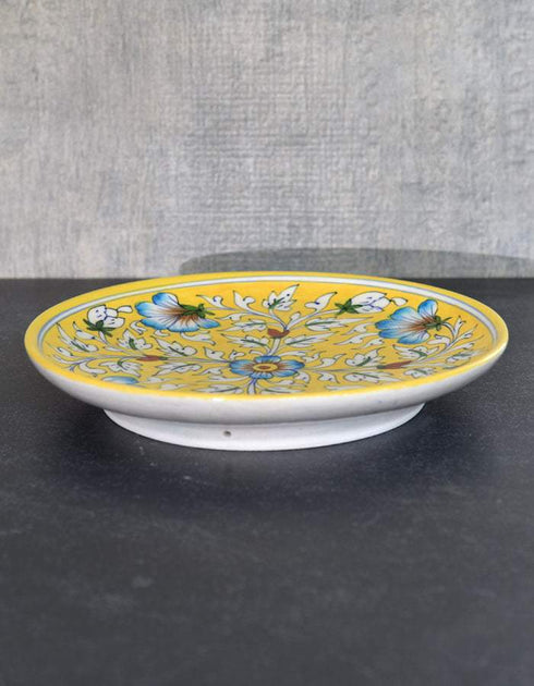 Jaipur Blue Pottery Hand painted Yellow Base With Blue Colour floral Plate 10