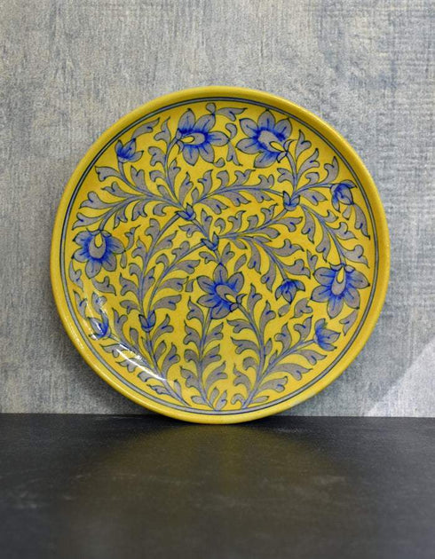 Jaipur Blue Pottery Hand painted Yellow Base With Blue Colour floral Plate 10