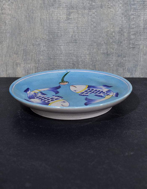 Jaipur Blue Pottery Hand painted Turquoise Base With Blue Fishes Plate 10