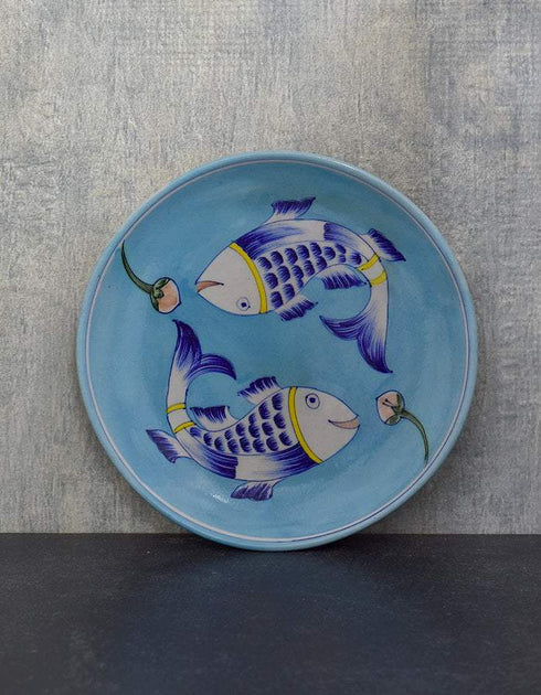 Jaipur Blue Pottery Hand painted Turquoise Base With Blue Fishes Plate 10