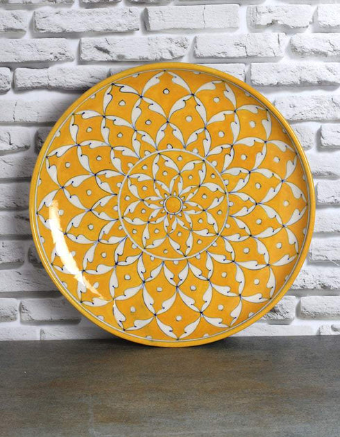 Yellow Zig Zag Design Wall Hanging Blue Pottery Plate