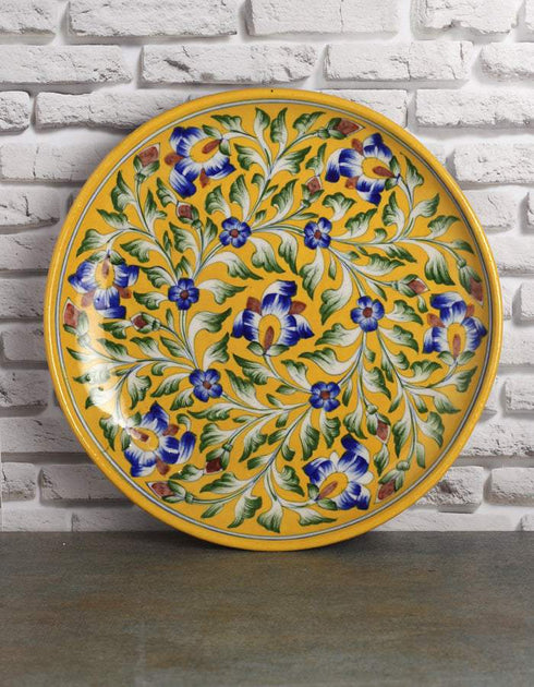 Handcrafted Yellow Base Blue Pottery Plate