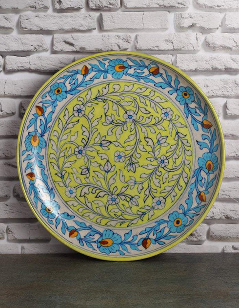 Green, Turquoise Floral & Leafy Design Blue Pottery Plate