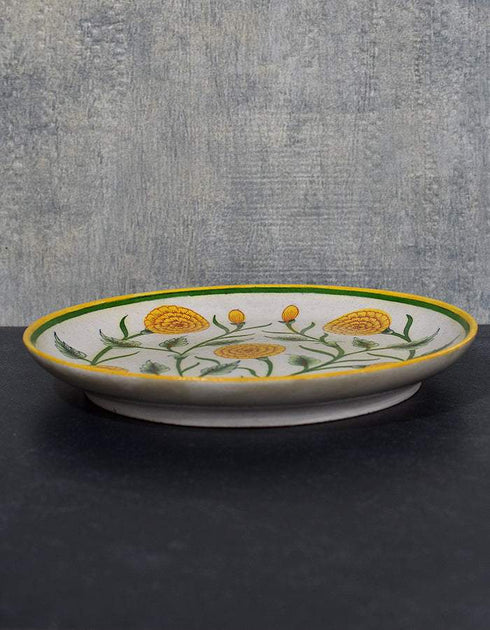 Jaipur Blue Pottery Handcrafted Off-White Base With Yellow Marigold Florals Plate 12