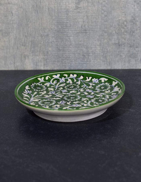 Jaipur Blue Pottery Handcrafted Plate In Green Base With White/Green Florals 12