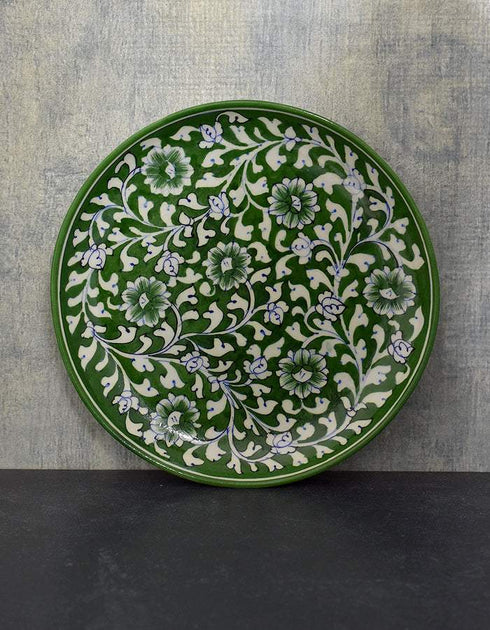 Jaipur Blue Pottery Handcrafted Plate In Green Base With White/Green Florals 12