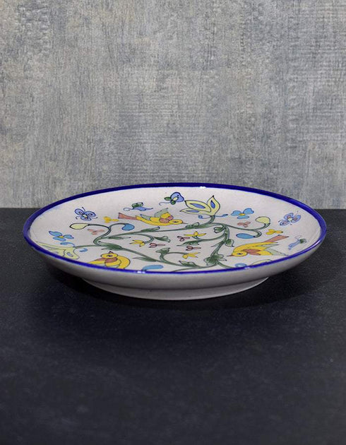 Jaipur Blue Pottery Handcrafted Plate In White Base With Yellow Bird 12