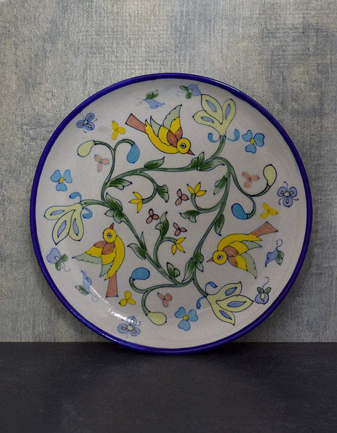 Jaipur Blue Pottery Handcrafted Plate In White Base With Yellow Bird 12