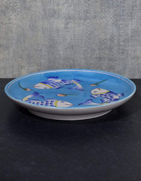 Jaipur Blue Pottery Handcrafted Plate In Turquoise Base With Blue Fishes
