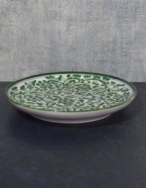 Jaipur Blue Pottery Handcrafted Plate In White Base With Green Flowers & Leaves 12