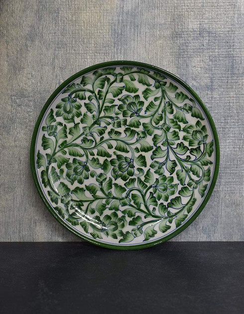 Jaipur Blue Pottery Handcrafted Plate In White Base With Green Flowers & Leaves 12