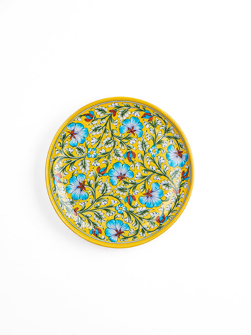 Blue Pottery Plate Yellow and Turquoise Floral Design