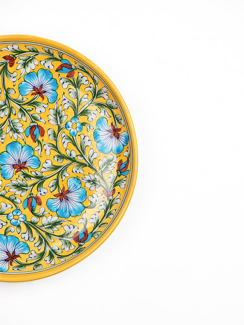 Blue Pottery Plate Yellow and Turquoise Floral Design