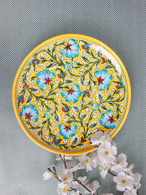 Blue Pottery Plate Yellow and Turquoise Floral Design