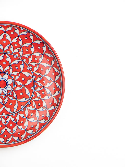 Blue Pottery Plate Rust Color Geometric Design