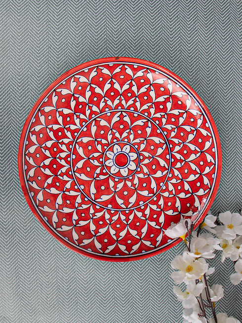 Blue Pottery Plate Rust Color Geometric Design