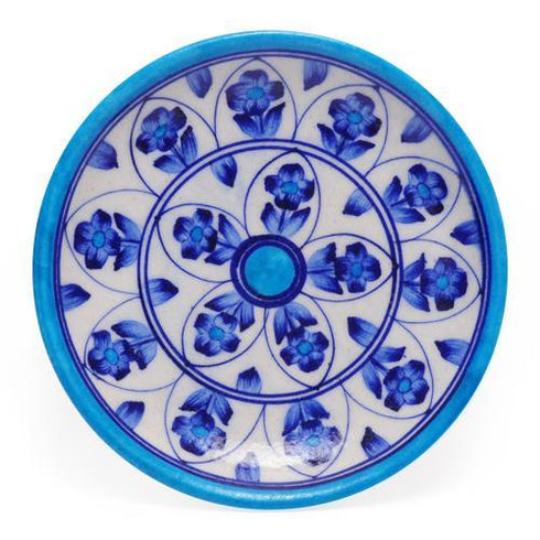 Blue Flowers and Leaves on White Base Plate 6''