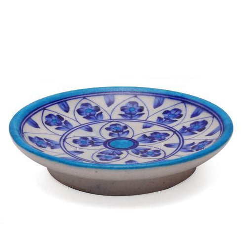 Blue Flowers and Leaves on White Base Plate 6''