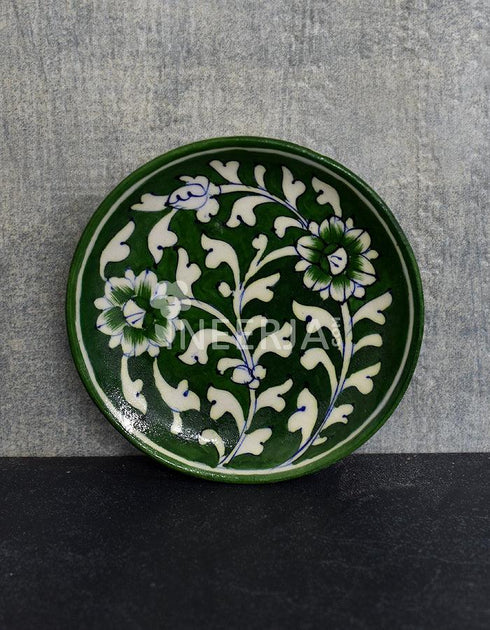 Blue Pottery Hand-Made Plate 6 Green Base White Floral