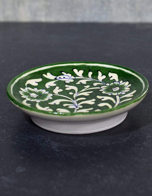 Blue Pottery Hand-Made Plate 6 Green Base White Floral