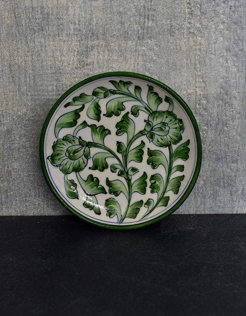 Blue Pottery Hand-Made Plate 6 White Base Green Floral