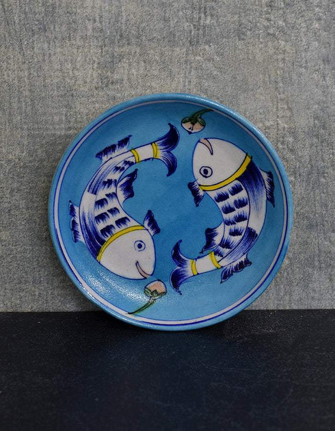 Blue Pottery Hand-Made Plate 6 Turquoise Base Fish Design