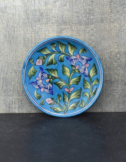 Blue Pottery Hand-Made Plate 6 Turquoise Base Blue Floral