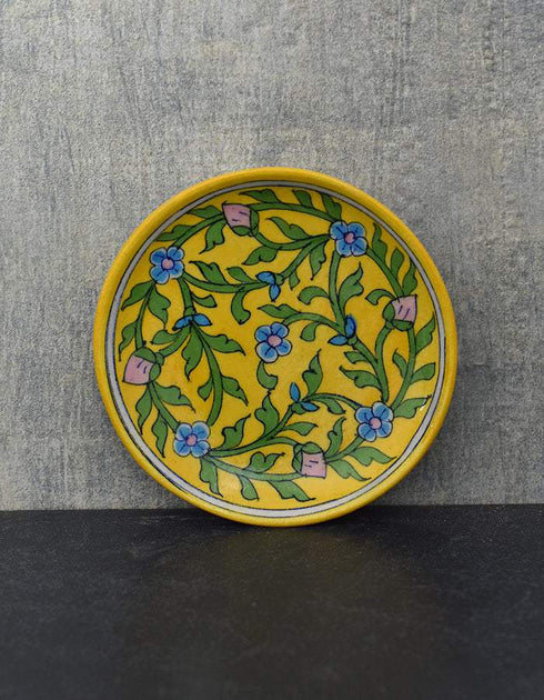 Blue Pottery Hand-Made Plate 6 Yellow Base Turquoise Floral