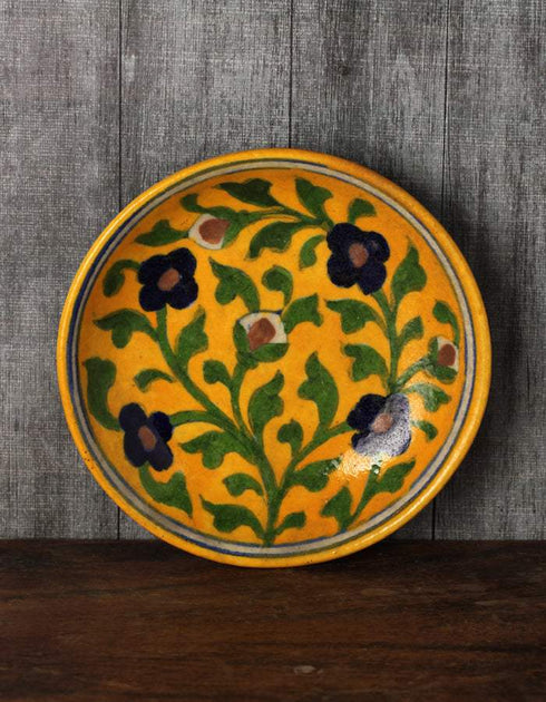 Four Blue Flowers On Yellow Base Plate 5