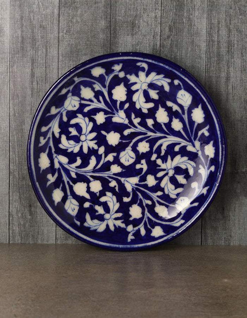 Blue Base and white leaves Blue Pottery Plate