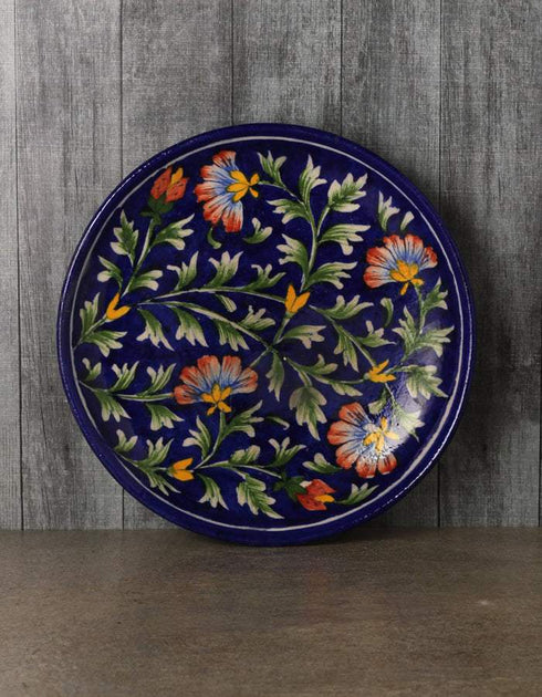 Beautiful Floral Design Blue Pottery Plate 8 inch