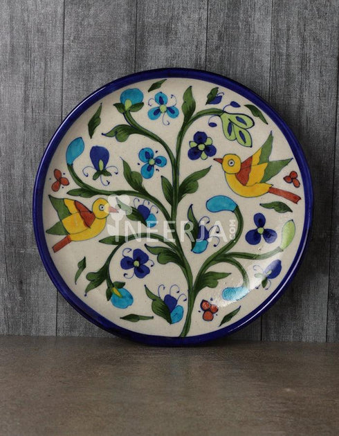 BLUE POTTERY HANDMADE WALL PLATE BIRDS DESIGN