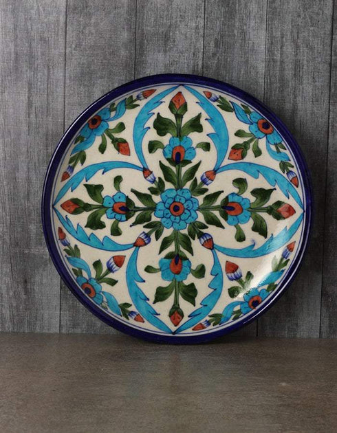 Turquoise Flowers on White Base 8 Plate